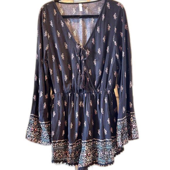 Exhilaration Black Print Boho Romper - Size Large - Picture 2 of 6